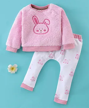 ToffyHouse Cotton Faux Fur Full Sleeves Winter Night Suit with Bunny Embroidery - Light Pink & White