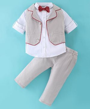 ToffyHouse 100% Cotton Full Sleeves Party Suit Striped with Bow - White & Khaki