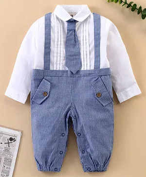 ToffyHouse 100% Cotton Woven Full Sleeves Striped Party Romper with Tie Detailing - Blue