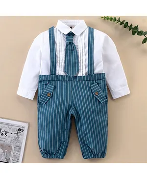 ToffyHouse 100% Cotton Woven Full Sleeves Striped Party Romper with Tie Detailing - Teal