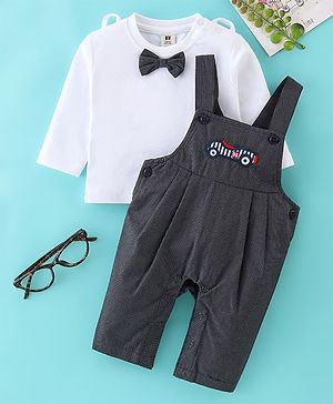 ToffyHouse Full Sleeves Party T-Shirt & Dungaree Checkered With Car Embroidery - Grey & White