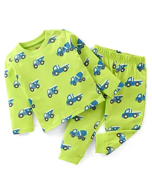 Babyhug Cotton Knit Full Sleeves Trucks Printed Night Suit - Green