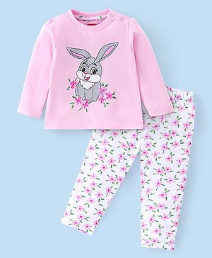 Babyhug Cotton Knit Single Jersey  Full Sleeves Night Suit With Bunny & Floral Print - Pink & White