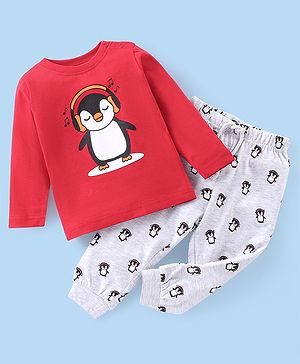 Babyhug Cotton Knit Single Jersey  Full Sleeves Night Suit With Penguin Print - Red & White