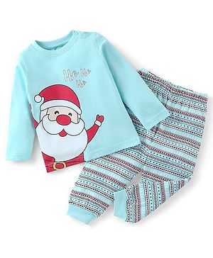 Babyhug Cotton Knit Single Jersey Full Sleeves Night Suit With Santa Clause Print - Blue