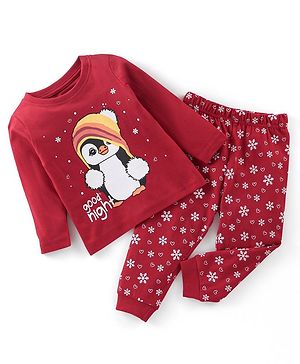 Babyhug Cotton Knit Full Sleeves Night Suit Penguin Print - Red
