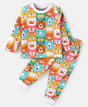 Babyhug Cotton Knit Full Sleeves Night Suit Teddy Print - Multicolour