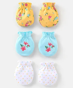 Babyhug 100% Cotton Knit Floral Printed Mittens Pack Of 3 - Multicolour