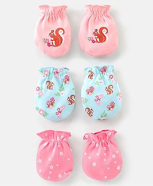 Babyhug 100% Cotton Knit Squirrel Printed Mittens Pack Of 3 - Multicolour