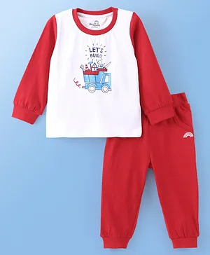 Doodle Poodle 100% Cotton Knit Full Sleeves T-Shirt & Lounge Pant With Truck Print - White & Red