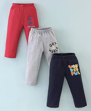 OHMS Sinker Knit Full Length Lounge Pant Text Print Pack of 3 - Blue Grey & Red