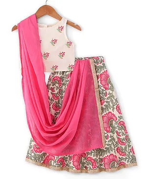 Babyhug Cotton Woven Sleeveless Embroidered Choli & Printed Lehenga with Jari Border Dupatta - White & Pink