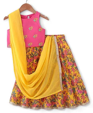 Babyhug Cotton Woven Sleeveless Floral Embroidered Choli and Printed Lehenga with Jari Border Dupatta - Yellow & Pink