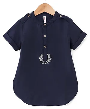 Babyhug Full Sleeves Pathani Kurta with Floral Placement Embroidery- Navy Blue
