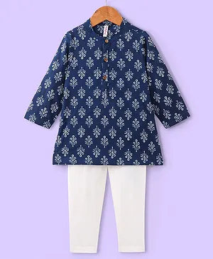 Babyhug 100% Cotton Woven Full Sleeves Floral Printed Kurta Payjama Set - Indigo