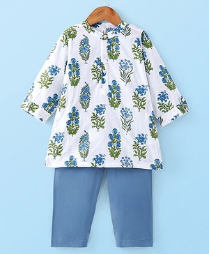 Babyhug 100% Cotton Full Sleeves Woven Floral Printed Angarakha Kurta Pyjama Set - White