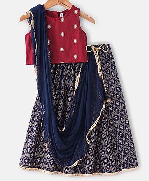 Babyhug  100% Cotton Sleeveless Floral Embroidered Choli with Printed Lehenga and Dupatta Set -Navy Blue