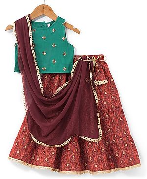 Babyhug Cotton Woven Sleeveless Choli & Lehenga Set with Dupatta Floral Print - Maroon & Blue