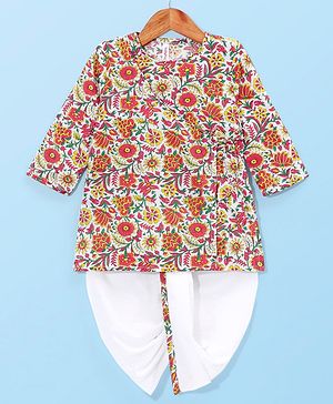 Babyhug Cotton Woven Printed Angarakha Full Sleeves Kurta & Dhoti Set - Red & White