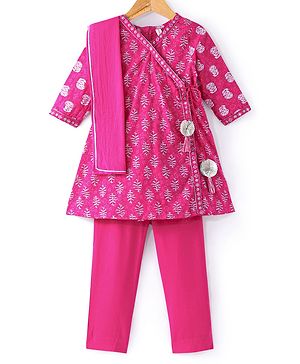 Babyhug 100% Cotton  Three Fourth Sleeves  Floral Printed  Angarakha Kurta With Pant and Dupatta  - Fuschia