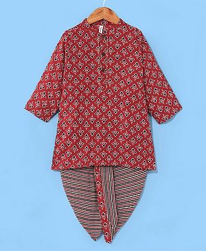 Babyhug Cotton Woven Full Sleeves Floral Printed Kurta & Dhoti Set - Maroon