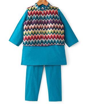 Babyhug Cotton Woven Full Sleeves Kurta & Pajama Set with Coat Chevron Print - Teal Blue