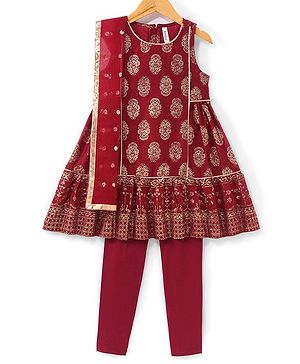 Babyhug Woven Sleeveless Foil Printed Kurta With Pant And Dupatta Set - Maroon