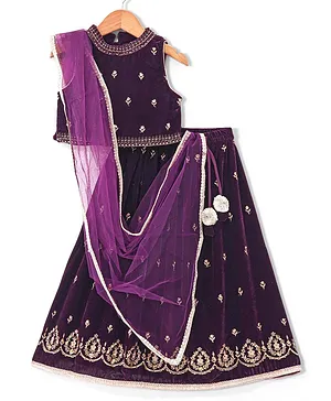 Babyhug Sleeveles Velvet Embroidered Choli with Lehenga  and Dupatta - Purple