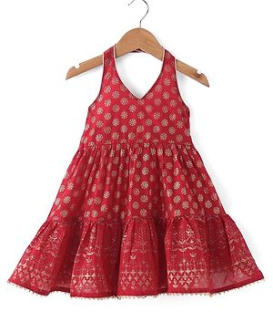 Babyhug Woven Sleeveless Halter Neck Foil Printed Ethnic Dress - Red