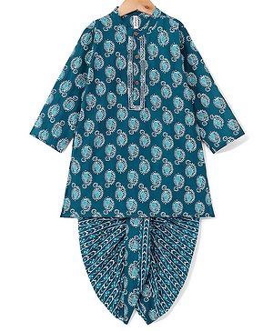 Babyhug 100% Cotton Knit Ethnic Printed Dhoti with Full Sleeves Kurta Set - Navy Blue