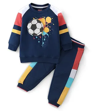 Babyhug 100% Cotton Knit Full Sleeves Soccer Printed Sweatshirt & Lounge Pant Set - Blue