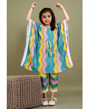 FlyFinns Three Fourth Bat Wing Sleeves Chevron Printed Lace Embellished Kaftan  With Pant - Multi Colour