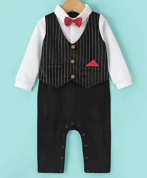 Mark & Mia Full Sleeves Party Romper With Stripes Waist Coat and Bow Detailing - Multicolour