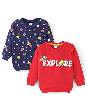 Babyhug Cotton Full Sleeves Sweatshirts With Outer Space Graphics Pack  Of 2- Blue & Red