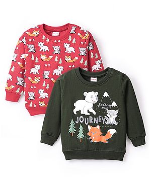 Babyhug Cotton Knit Full Sleeves Sweatshirt With Wild Animals Graphics Pack Of 2 - Red & Green