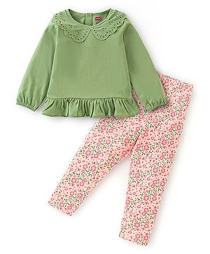 Babyhug 100% Cotton Full Sleeves Top and Floral Printed Pant - Green & Orange