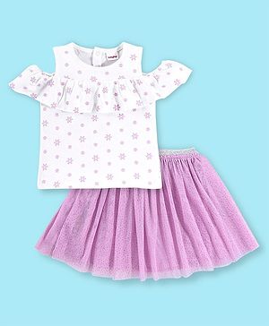 Babyhug Half Sleeves Floral Print Top With Mesh Skirt - Lilac & White