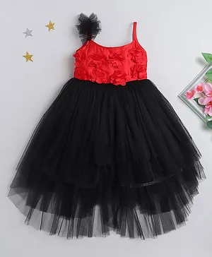 Many frocks & Sleeveless 3D Floral Embellished High Low Tutu Party Dress - Red Black