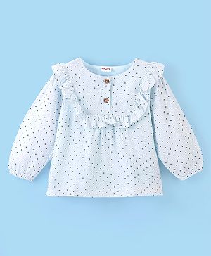 Babyhug 100% Rayon Woven Full Sleeves Top with Frill Detailing Polka Dot Print - Light Blue