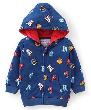 Babyhug Cotton Knit Full Sleeves Hooded Sweatjacket with Zipper & Basket Ball Graphics Print - Navy Blue