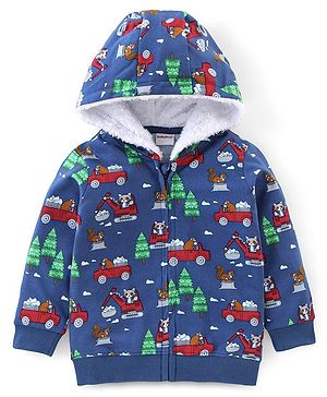 Babyhug Cotton Knit Full Sleeves Hooded Sweatshirt with Jungle Print - Blue