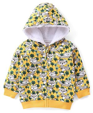 Babyhug Cotton Knit Full Sleeves Raccoon Printed Hooded Sweat Jacket with Zipper - Yellow