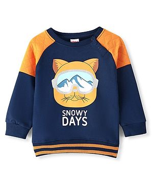 Babyhug Cotton Knit Full Sleeves Sweatshirt With Kitty Graphics & Quilting Detailing - Navy Blue