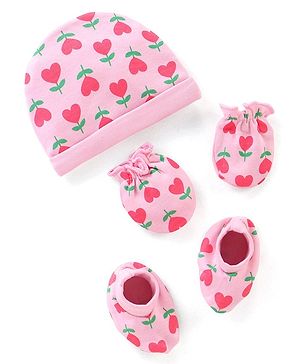 Babyhug 100% Cotton Knit Floral Printed Cap Mittens & Booties Set Pink - Diameter 9 cm