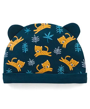 Babyhug 100% Cotton Cap with 3D Ears Tiger Print - Green