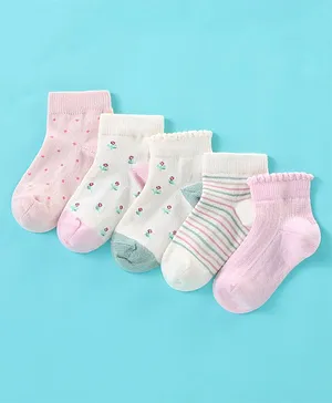 Mustang Cotton Ankle Length Floral Design & Striped Socks Pack of 5 - Multicolour