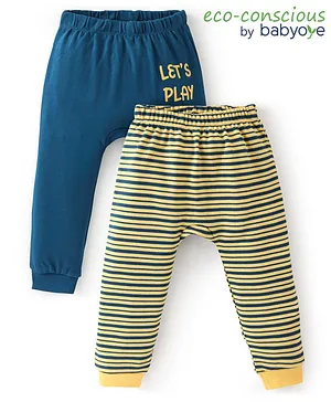 Babyoye 100% Cotton Full Length Striped Diaper Pants Pack of 2 - Blue & Yellow