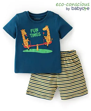 Babyoye 100% Cotton Half Sleeves Giraffe Printed T-Shirt with Shorts -Blue