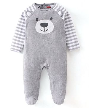 Babyhug Cotton Knit Full Sleeves Footed Sleepsuit Bear Printed - Grey