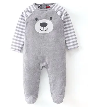 Babyhug Cotton Knit Full Sleeves Footed Sleepsuit Bear Printed - Grey